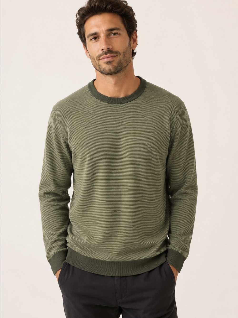 Theory Olive Crewneck Sweater with Contrast Trim
